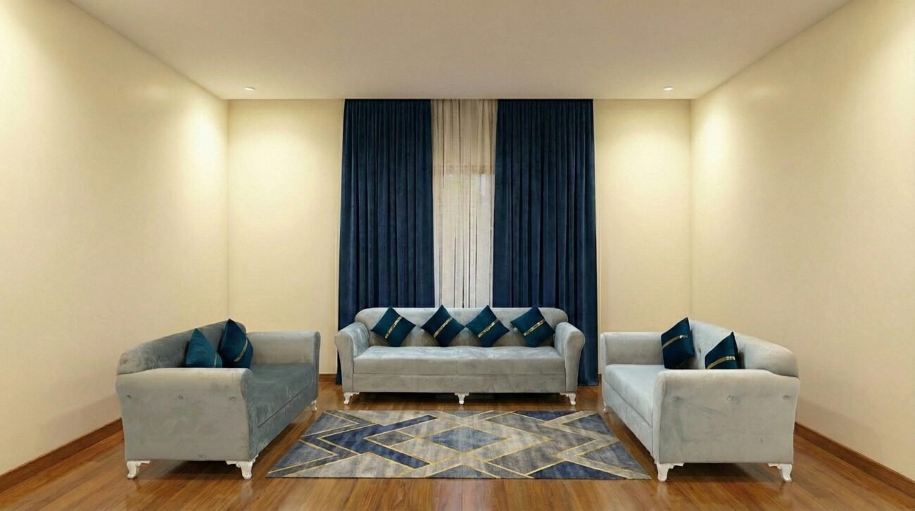 "Ramadan Silver Package blue 7-seater sofa set with velvet curtains and rug – ardanfurniture"